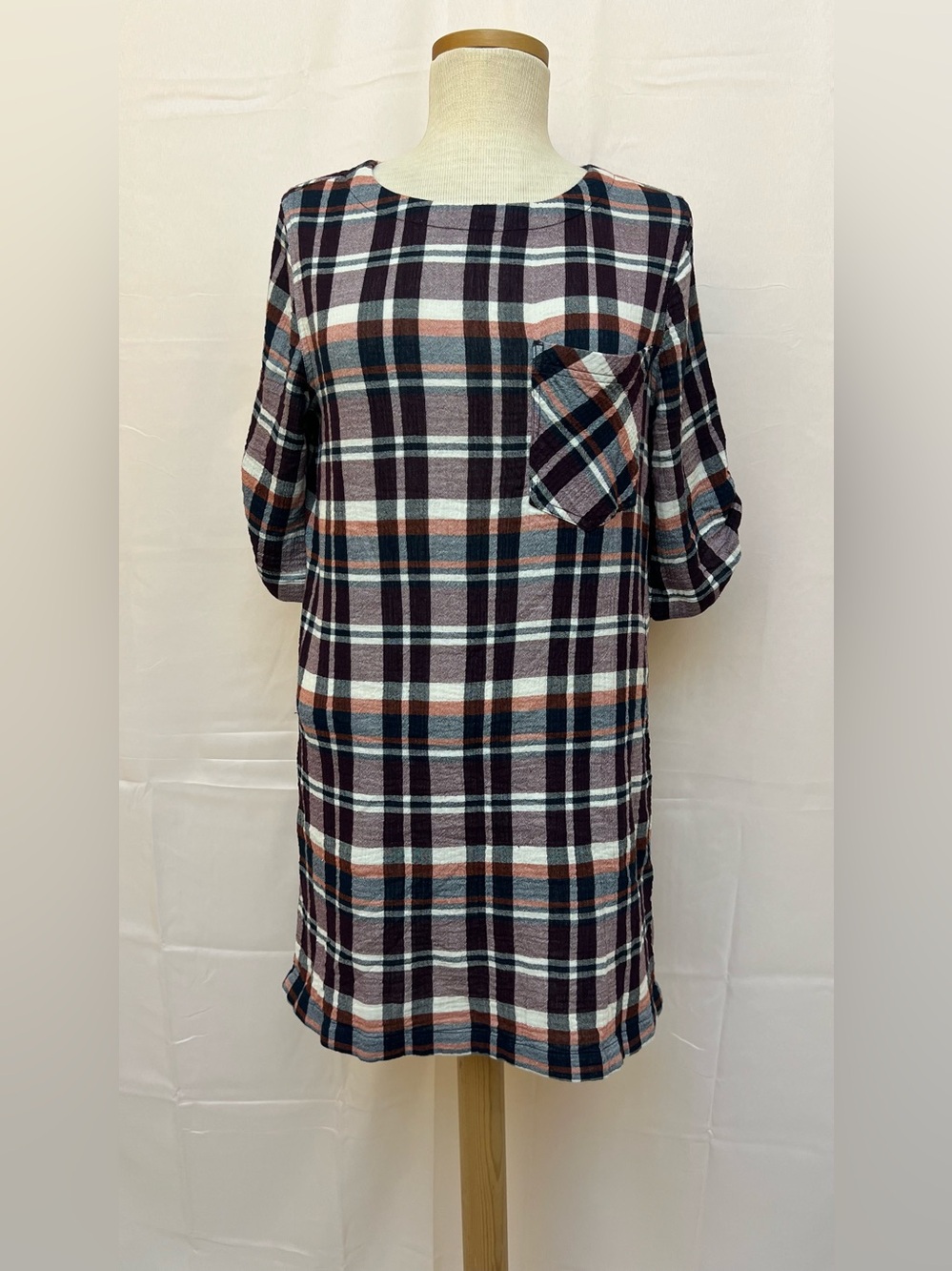 Plaid Shift Dress with Pocket - Burgundy Multi